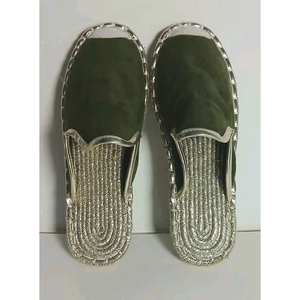 Olive Suede Espadrille Slip On Mules Gold Trim Boutique Boho Luxe Size 7